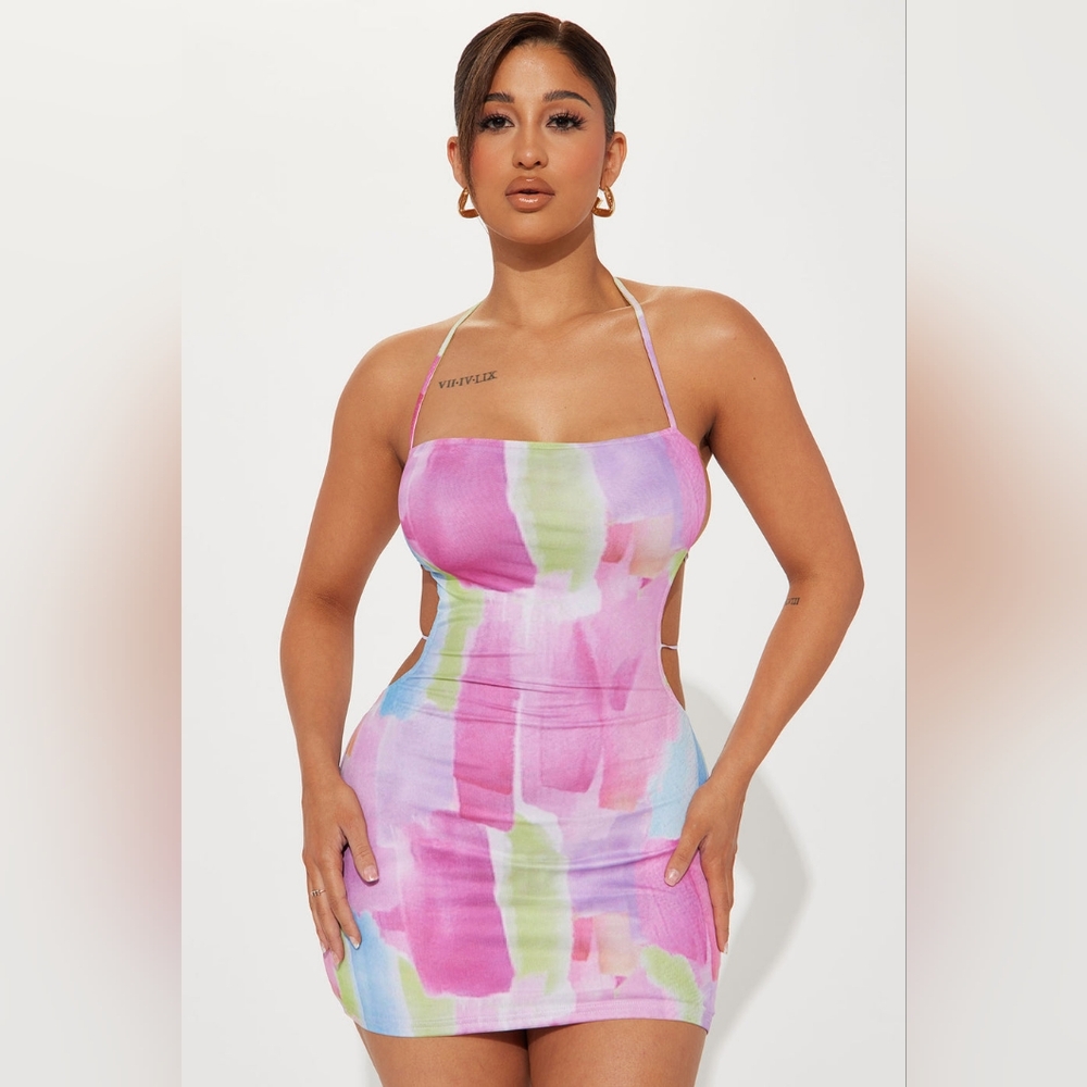 Fashion Nova Artwork Mesh Mini Dress - Multi Color Size Medium
